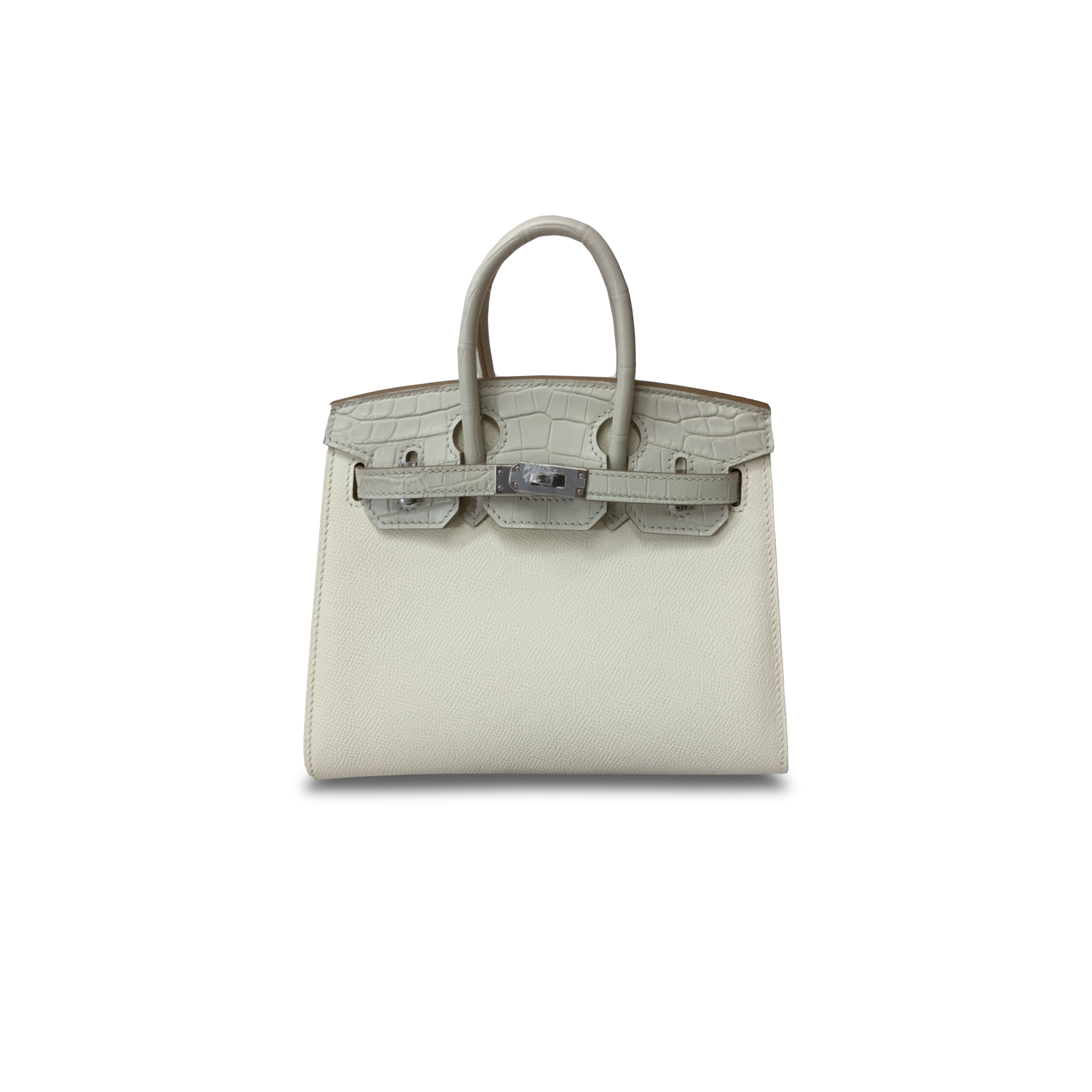 H**mes master birkin 20 crocodile and calf leather milkshake white glacier white silver buckle h076210ck06 (20*16*11cm)